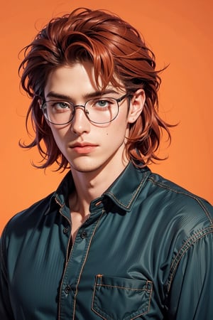 An ethereal man with shoulder length long tight curly orange hair, viridian eyes, fair skin, casual wear, no tie, eyeglasses, freckles, realistic, red beard, plain background,