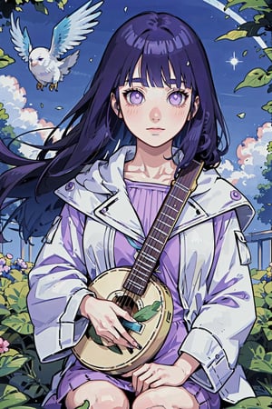 masterpiece, best quality, high resolution: 1.3), ultra resolution image, (1 girl), (only), kawaii, loose purple hair, long hair, lute, cute face, purple eyes, musical, surrounded by musical notes, (music that fills the air: 1.5), fantasy, harmony, melody, soft, night, (serene background: 1.3), vivid color, sitting, (magical, musical aura: 1.3), soft smile, forest, leaf, bird in head, nature, sitting, Hinata Hyuga