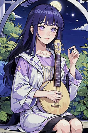 masterpiece, best quality, high resolution: 1.3), ultra resolution image, (1 girl), (only), kawaii, loose purple hair, long hair, lute, cute face, purple eyes, musical, surrounded by musical notes, (music that fills the air: 1.5), fantasy, harmony, melody, soft, night, (serene background: 1.3), vivid color, sitting, (magical, musical aura: 1.3), soft smile, forest, leaf, bird in head, nature, sitting, Hinata Hyuga