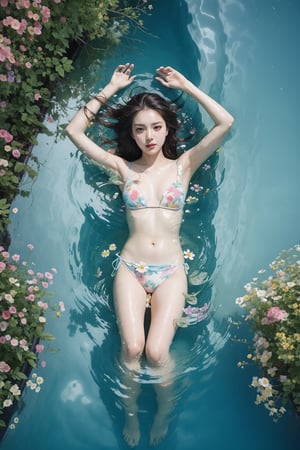 Beautiful woman lies on her back in a swimming pool filled with milk, and the water is covered with flowers,shot from above,32k
