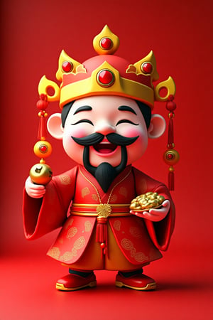 Please design a cute origami version of the traditional Chinese God of Wealth with a mustache, a hat exclusive to the God of Wealth, a red robe, smiling happily and holding a gold ingot, with a red festive theme on the background