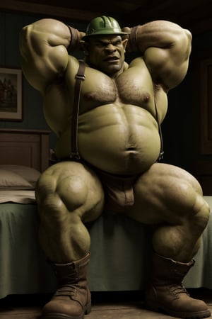 a chubby orc style (chubby young orc)(chubby bold orc)(chubby muscle orc) (arms above head) (wearing green suspenders) construction worker. wearing a hard hat and boots. detailed. masterpiece. high resolution. realistic, dynamic lighting. muscle gut, holding belly, sat on a bed, moobs,