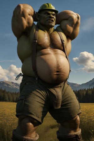a chubby orc style (chubby young orc)(chubby bold orc)(chubby muscle orc) (arms above head) (wearing green suspenders)(tusks) construction worker. wearing a hard hat and boots. detailed. masterpiece. high resolution. realistic, dynamic lighting. muscle gut, holding belly, moobs, stood in a meadow