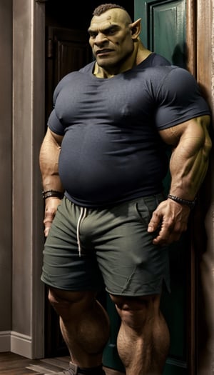 a chubby man style (tall chubby mature orc)(tall chubby bold orc)(chubby muscle orc) in a shirt and shorts, detailed. masterpiece. high resolution. realistic, dynamic lighting. muscle gut, moobs, leaning on a doorframe,