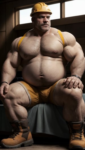 a chubby man style (chubby mature man )(chubby bold man )(chubby muscle man)construction worker. wearing a hard hat and boots. detailed. masterpiece. high resolution. realistic, dynamic lighting. muscle gut, holding belly, sat on a bed, moobs,