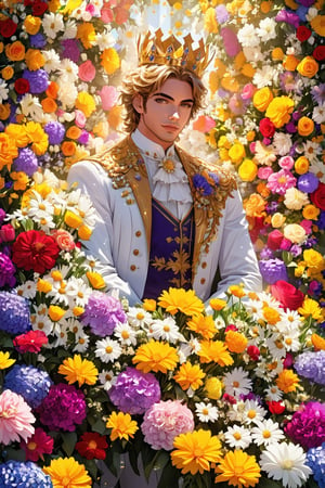 A prince made entirely of flowers, his suit a vibrant array of flowers, daisies, and tulips. His hair, a cascade of marigold, adorned with a crown of hydrangea and roses. he stands tall and regal, his eyes bright with the colors of his flower kingdom. This flower prince radiates freshness and suave charisma, a whimsical and unique creation of nature's beauty.