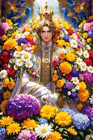 A prince made entirely of flowers, his suit a vibrant array of flowers, daisies, and tulips. His hair, a cascade of marigold, adorned with a crown of hydrangea and roses. he stands tall and regal, his eyes bright with the colors of his flower kingdom. This flower prince radiates freshness and suave charisma, a whimsical and unique creation of nature's beauty.