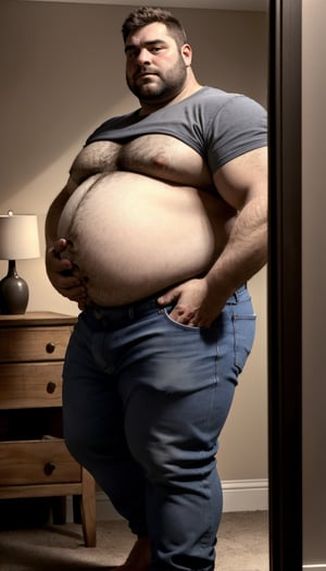 a [obese and hairy] man holding his belly questioning whether he has put on weight. turned to the side wearing jeans that are too small, detailed. masterpiece. high resolution. realistic, dynamic lighting. larger gut, holding belly, looking in a mirror, moobs,