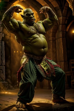 mature orc (a green mature orc) , sexy, belly dancing, large belly, fat,