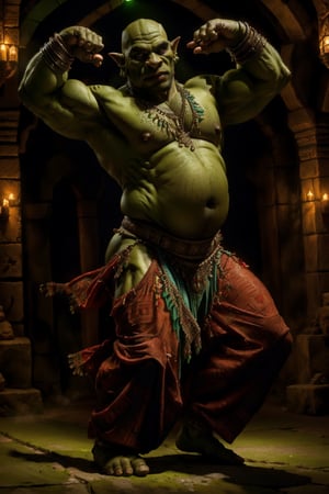 mature orc (a green mature orc) , sexy, belly dancing, large belly, fat,