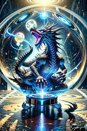 strong western dragon trapped in magic_circle, surrounded in a glass ball,crystal and silver entanglement