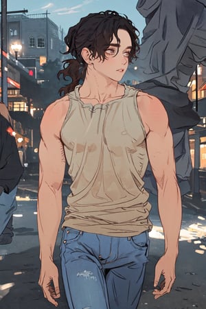 masterpiece, best quality, highly detailed background, perfect lighting, best quality, (extremely detailed face), volumetric lighting, intricate details, shadow, tonemapping, sharp focus, hyper detailed, trending on Artstation, (solo)
BREAK
(1guy, eyes, lips,  brown hair, curly hair,long hair, ponytail, male, muscular male)
BREAK
(Jeans, tanktop)
BREAK
(Outdoors,  city)
BREAK
(Looking away, walking, closed mouth)