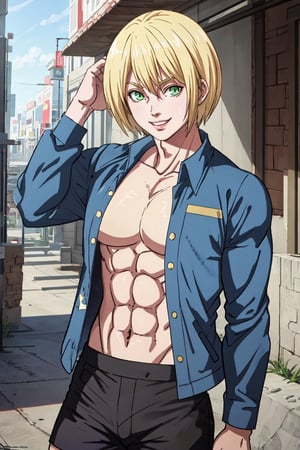 masterpiece, best quality, highly detailed background, perfect lighting, best quality, (extremely detailed face), volumetric lighting, intricate details, shadow, tonemapping, sharp focus, hyper detailed, trending on Artstation, (solo) BREAK (Green eyes, flirtatious smile, blond hair, male body, thick-pecs, square shaped body, male) BREAK (short pants, without shirt) BREAK (Outdoors, river) BREAK (Looking at viewer, standing, light smile),anime,anime retro