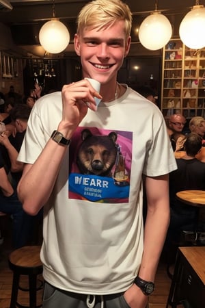 score_7_up,  Realistic photo,
full body , man, 19 years old, blond, (hair:0.2), Shaved, (Beard:0.0),(safe t-shirt:1.2), skinny,  wear a Sweatshirt, sweatpants,  sneakers, wristwatch, He drinks bear in a glass, he is happy, smiling, very happy face, in a nightclub,cute blond boy, 