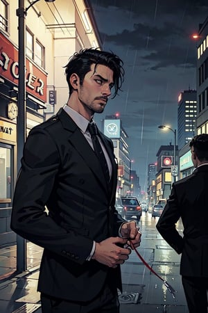 high quality, masterpice, half photo, side view, 1 man only, 35 years old, he is a private security guard,  wears an elegant lead full suit , tie, his hair is black and cut low.  he standy in street, fact at night , Sad face, loking down, raining