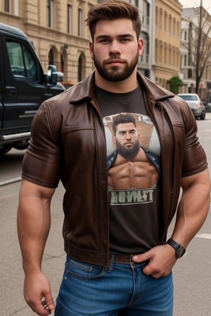 Realistic photo, 
boy, 17 years old, Brown hair ,  (Beard:0.5), (safe t-shirt:1.2) ,weightlifter, Very strong, big body, in the street with your truck, 
wear a brown leather jacket, Looking Ahead,  he has iron skin, Colossus character,hyper muscles,