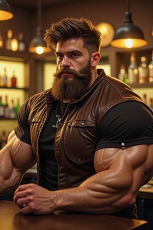 score_9, score_8, Realistic photo, 
boy, 17 years old, Brown hair , Full Beard, (Beard:1.5),(safe t-shirt:1.2),weightlifter, Very strong, big body, he is in a bar counter, 
wear a brown leather jacket, Looking Ahead, cross finguers, drinking_glass, internal yellow light, he has iron skin, Colossus character.,hyper muscles