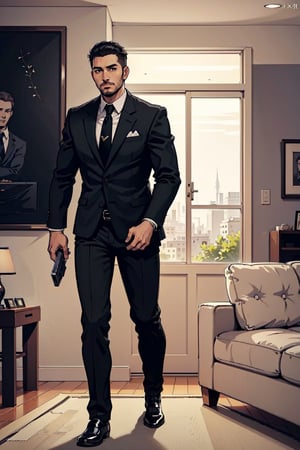 marterpice, high quality imagem, 1 man only, 35 years old, he is a private security guard,  wears an elegant lead full suit , tie, black shoes and his hair is black and cut low.  night
he walk, rich living room, lux, side view, closed
