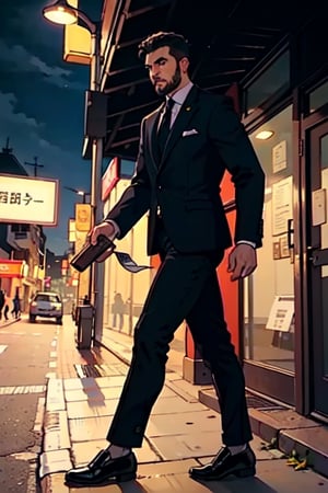 high quality imagem, 1 man only, 35 years old, he is a private security guard,  wears an elegant lead full suit , tie,  ear stitches, black shoes and his hair is black and cut low.  he walk in street, night, read to action. side view, closed