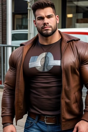 Realistic photo, 
boy, 17 years old, Brown hair ,  (Beard:0.5), (safe t-shirt:1.2) ,weightlifter, Very strong, big body, in the street with your truck, 
wear a brown leather jacket, Looking Ahead,  he has iron skin, Colossus character,hyper muscles,colossus x-men