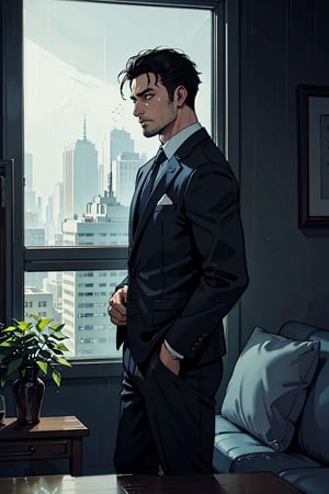 high quality, masterpice, half photo, side view, 1 man only, 35 years old, he is a private security guard,  wears an elegant lead full suit , tie, his hair is black and cut low.  in modern living room, fact at night , Sad face, loking down, raining