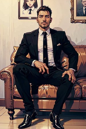 high quality imagem, face photo,  1 man only, 35 years old, he is a private security guard,  wears an elegant lead full suit , tie,  ear stitches, black shoes and his hair is black and cut low.  he  wait, siting in a brown sofa, into the dress shop store, very Surprised face,  white wall in background