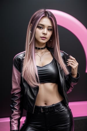 score_7_up,  Realistic full photo, full body,
Black and pink haired woman with pink highlights, long hair, 18 years old, beautiful, makeup, elegant, neckless, earing,  wearing a black Top,  leather jacket and a leather clothes and smoking a vap,  nigthclub, pose,  photorealistic,Tzuyu