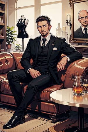 high quality imagem, close photo, 1 man only, 35 years old, he is a private security guard,  wears an elegant lead full suit , tie,  ear stitches, black shoes and his hair is black and cut low.  he  wait, siting in a brown sofa, into the dress shop store, looking_at_viewer, Admired face