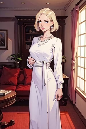 1 woman only, ralf photo, 
Mad, 
elegant, conservative. She has 58-year-old lady with intense blue eyes and ( short light blond hair ), 
wear a long dress and a light white shirt, elegant, made up with a pearl necklace and pearl earrings, they are in the rich living room  she is standing