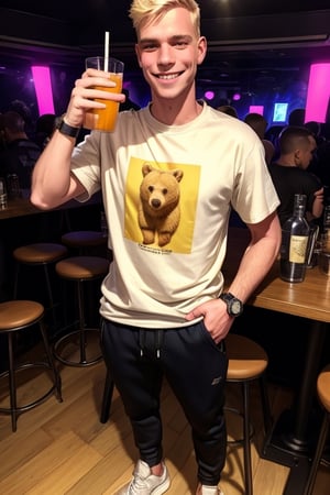 score_7_up,  Realistic photo,
full body , man, 19 years old, blond, (hair:0.2), Shaved, (Beard:0.0),(safe t-shirt:1.2), skinny,  wear a Sweatshirt, sweatpants,  sneakers, wristwatch, He drinks bear in a glass, he is happy, smiling, very happy face, in a nightclub,cute blond boy, 