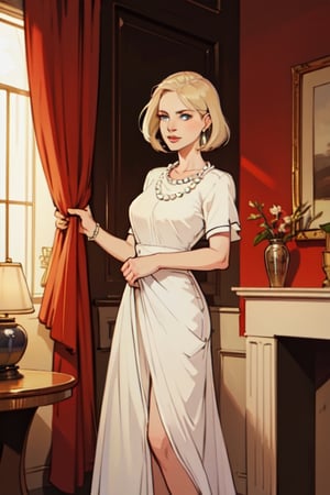 1 woman only, ralf photo, Affectionate, , elegant, conservative. She has 58-year-old lady with intense blue eyes and ( short light blond hair ), 
wear a long dress and a light white shirt, elegant, made up with a pearl necklace and pearl earrings, they are in the rich living room  she is standing