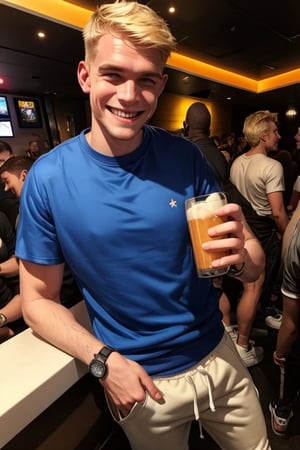 score_7_up,  Realistic photo,
full body , man, 19 years old, blond, (hair:0.2), Shaved, (Beard:0.0),(safe t-shirt:1.2), skinny,  wear a Sweatshirt, sweatpants,  sneakers, wristwatch, He drinks bear in a glass, he is happy, smiling, very happy face, in a nightclub,cute blond boy, 