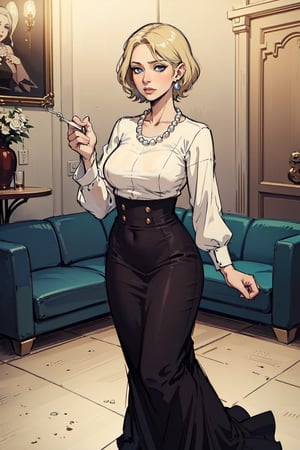 Looks seriously. 1 woman only, elegant, conservative. She is a beautiful 58-year-old lady with intense blue eyes and ( short light blond hair ), dressed in a long dark dress and a light white shirt, elegant, made up with a pearl necklace and pearl earrings, they are in the rich living room , she is standing