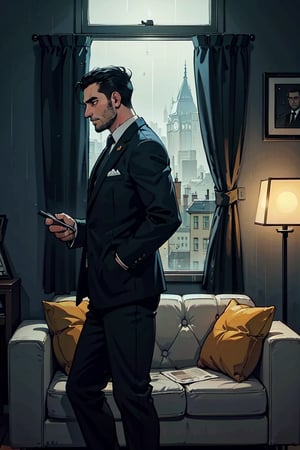 high quality, masterpice, half photo, side view, 1 man only, 35 years old, he is a private security guard,  wears an elegant lead full suit , tie, his hair is black and cut low.  in modern living room, fact at night , Sad face, loking down, raining