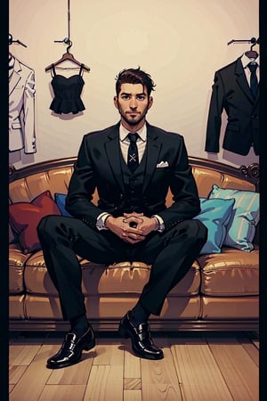 high quality imagem, halp photo, 1 man only, 35 years old, he is a private security guard,  wears an elegant lead full suit , tie,  ear stitches, black shoes and his hair is black and cut low.  he  wait, siting in a brown sofa, into the dress shop store, looking_at_viewer, Admired face