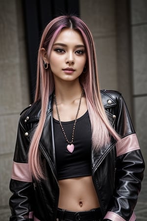 score_7_up,  Realistic full photo, full body,
Black and pink haired woman with pink highlights, long hair, 18 years old, beautiful, makeup, elegant, neckless, earing,  wearing a black Top,  leather jacket and a leather clothes and smoking a vap,  nigthclub, pose,  photorealistic,Tzuyu