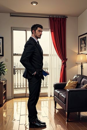 high quality, masterpice, half photo, side view, 1 man only, 35 years old, he is a private security guard,  wears an elegant lead full suit , tie,  black shoes and his hair is black and cut low.  he standy in living room, Serious face