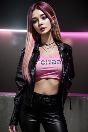 score_7_up,  Realistic full photo, full body,
Black and pink haired woman with pink highlights, long hair, 18 years old, beautiful, makeup, elegant, neckless, earing,  wearing a black Top,  leather jacket and a leather clothes and smoking a vap,  nigthclub,  photorealistic,Tzuyu