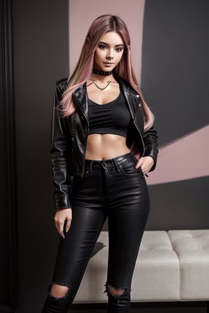 score_7_up,  Realistic full photo, full body,
Black and pink haired woman with pink highlights, long hair, 18 years old, beautiful, makeup, elegant, neckless, earing,  wearing a black Top,  leather jacket and a leather clothes, jeans,  and smoking a vap,  nigthclub, pose,  photorealistic,Tzuyu