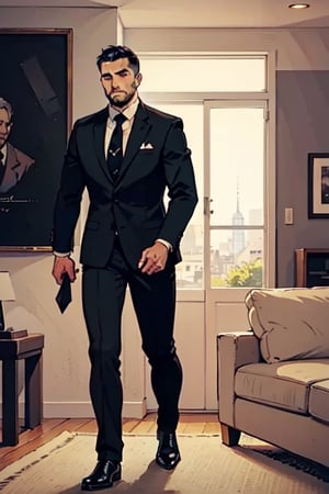 marterpice, high quality imagem, 1 man only, 35 years old, he is a private security guard,  wears an elegant lead full suit , tie, black shoes and his hair is black and cut low.  night
he walk, rich living room, lux, side view, closed