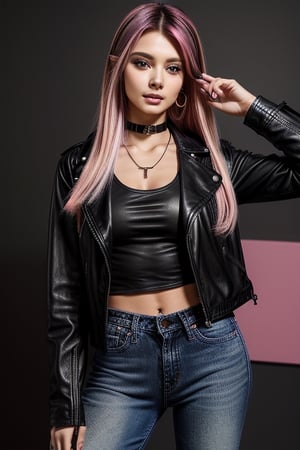 score_7_up,  Realistic full photo, full body,
Black and pink haired woman with pink highlights, long hair, 18 years old, beautiful, makeup, elegant, neckless, earing,  wearing a black Top,  leather jacket and a leather clothes, jeans,  and smoking a vap,  nigthclub, pose,  photorealistic,Tzuyu