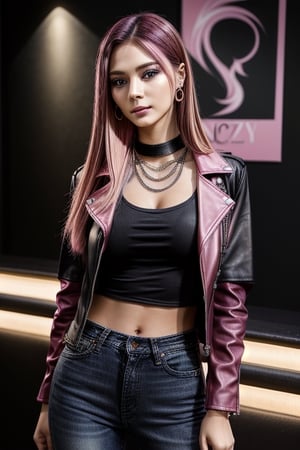 score_7_up,  Realistic full photo, full body,
Black and pink haired woman with pink highlights, long hair, 18 years old, beautiful, makeup, elegant, neckless, earing,  wearing a black Top,  leather jacket and a leather clothes, jeans,  and smoking a vap,  nigthclub, pose,  photorealistic,Tzuyu