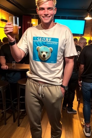 score_7_up,  Realistic photo,
full body , man, 19 years old, blond, (hair:0.2), Shaved, (Beard:0.0),(safe t-shirt:1.2), skinny,  wear a Sweatshirt, sweatpants,  sneakers, wristwatch, He drinks bear in a glass, he is happy, smiling, very happy face, in a nightclub, dancing, cute blond boy, 