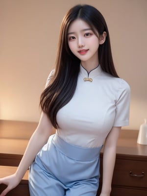 chinese woman, (maid:0.8), long hair, laughy smile, fully clothed, fully dressed, curve, photo real, ultra high definition, UHD, ultra high resolution, ultra real