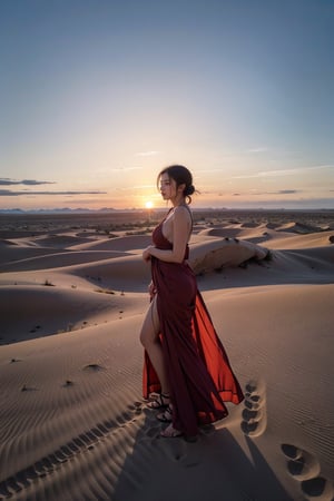 Desert Solitude: Imagine a woman in a flowing red dress, standing atop a sand dune overlooking a vast desert landscape. The sun dips below the horizon, casting long shadows and painting the sky in fiery hues. The silence is broken only by the whisper of wind, and the woman's expression is one of quiet contemplation amidst the stark beauty of nature's harshest embrace.Chinese girl, 22 years old, very beautiful