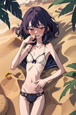 a very skinny girl, extreme skinny, friendly, embarrassed, weak, helpless, 18 years old, lace and sexy underwear, oitside, on a tropical island, at the beach, starving, very hungry, rubbing her growling stomach, lying in the sand, one hand is rubbing her stomach while the other hand is in her mouth, about to faint, twilight, intimacy, soft lighting, masterpiece, best quality, high quality, highres, absurdres, very detailed, high resolution, sharp, sharp image, 8k, vivid, colorful, stunning, anime, aesthetic, skinny, her hand is rubbing her stomach, positive mood