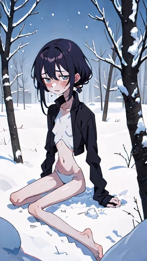 1girl, exactly one woman, very skinny, 19 years old, desperately bibbering, crossed arms, in underwear and a jacket, hunger lines, barefoot, bloody wounds and bruises on her skin, sitting in a snowy tundra, deep in the snow, her body is buried in cold snow, breathing visible, shiver lines around her body, freezing, shivering, desperately trying to stay warm, bibbering with crossed arms, shattering her teeth, shiver lines, frostbites, covered in snow, snow on her body, extreme malnourished, starving for weeks, her empty stomach ist growling, hunger lines, rubbing her stomach desperately, fainting from hunger, exhausted, tired, getting unconscious, losing balance, collapsing, fainting, twilight, intimacy, soft lighting, masterpiece, best quality, high quality, highres, absurdres, very detailed, high resolution, sharp, sharp image, 8k, vivid, colorful, stunning, anime, aesthetic, skinny, highly detailed, very colorful, very desperate, very anxious, very emotional, shivering, crossed arms, colorful skin, shiver lines around her body 