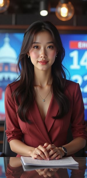 A poised news anchor with striking features, seated at a sleek desk, surrounded by vibrant news graphics; warm lighting casts an inviting glow, emphasizing her confident expression and professional attire.