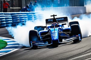 masterpiece,ultra detailed,8k,wallpaper,super fine photo,photo realistic,High quality, best quality, insanely detailed, Photo quality, 
Live-action image,Powerful images,BREAK,F1 2024,formula 1,(blue formula car),realistic formula car,sprinting,flowing background,detailed background,(tire smoke:1.2),imola circuit,aggressive angle of view