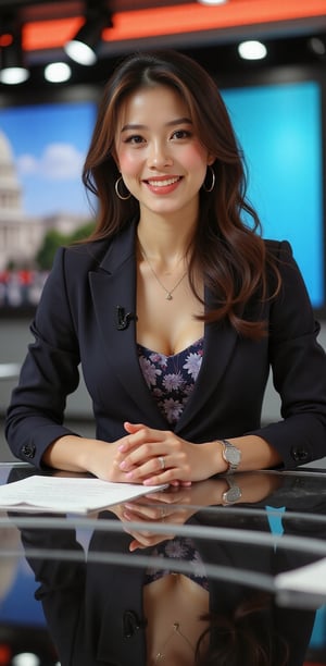 A poised news anchor with striking features, seated at a sleek desk, surrounded by vibrant news graphics; warm lighting casts an inviting glow, emphasizing her confident expression and professional attire.smile